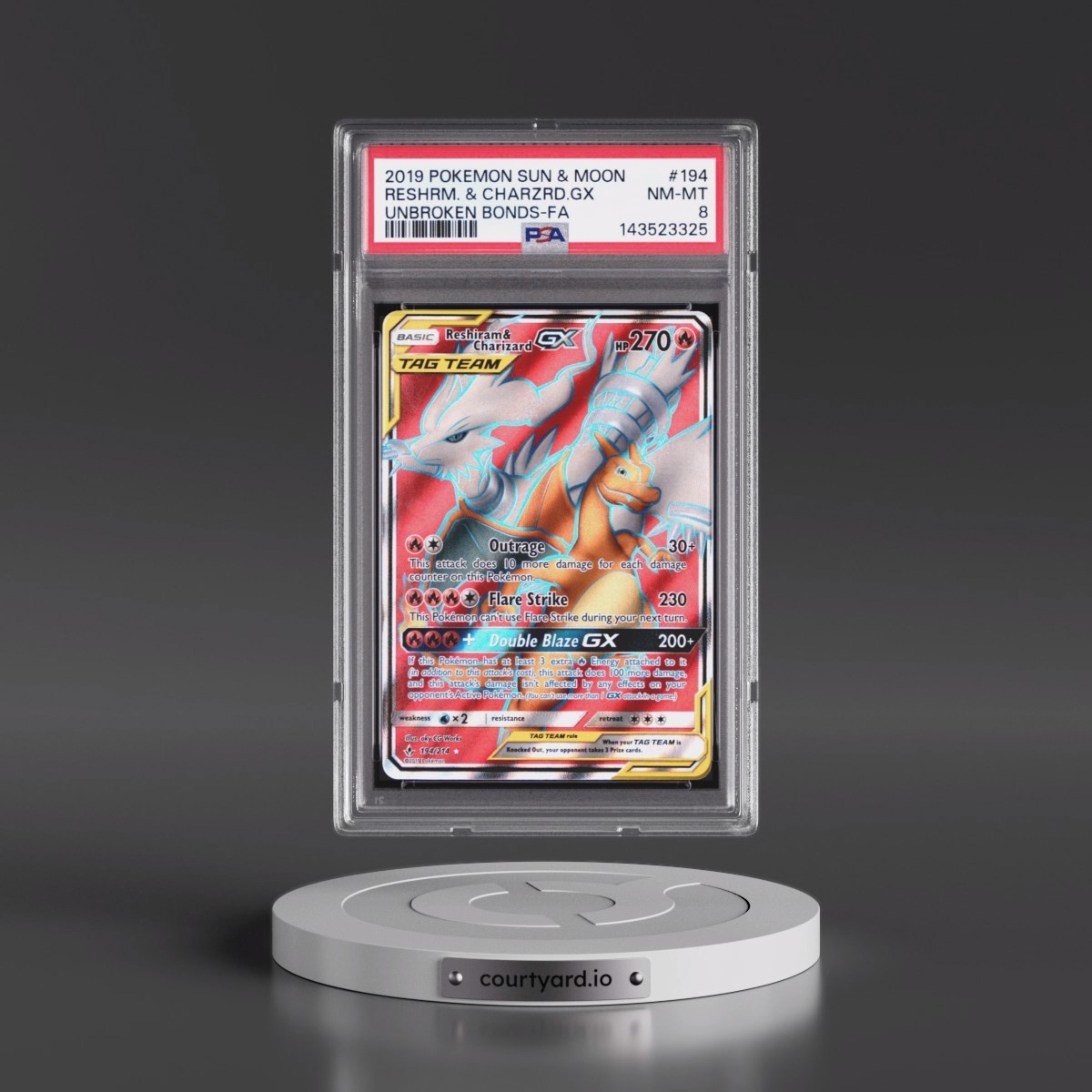 2019 Pokémon Sun & Moon Unbroken Bonds Reshiram & Charizard GX - Holo Full Art #194 PSA 8