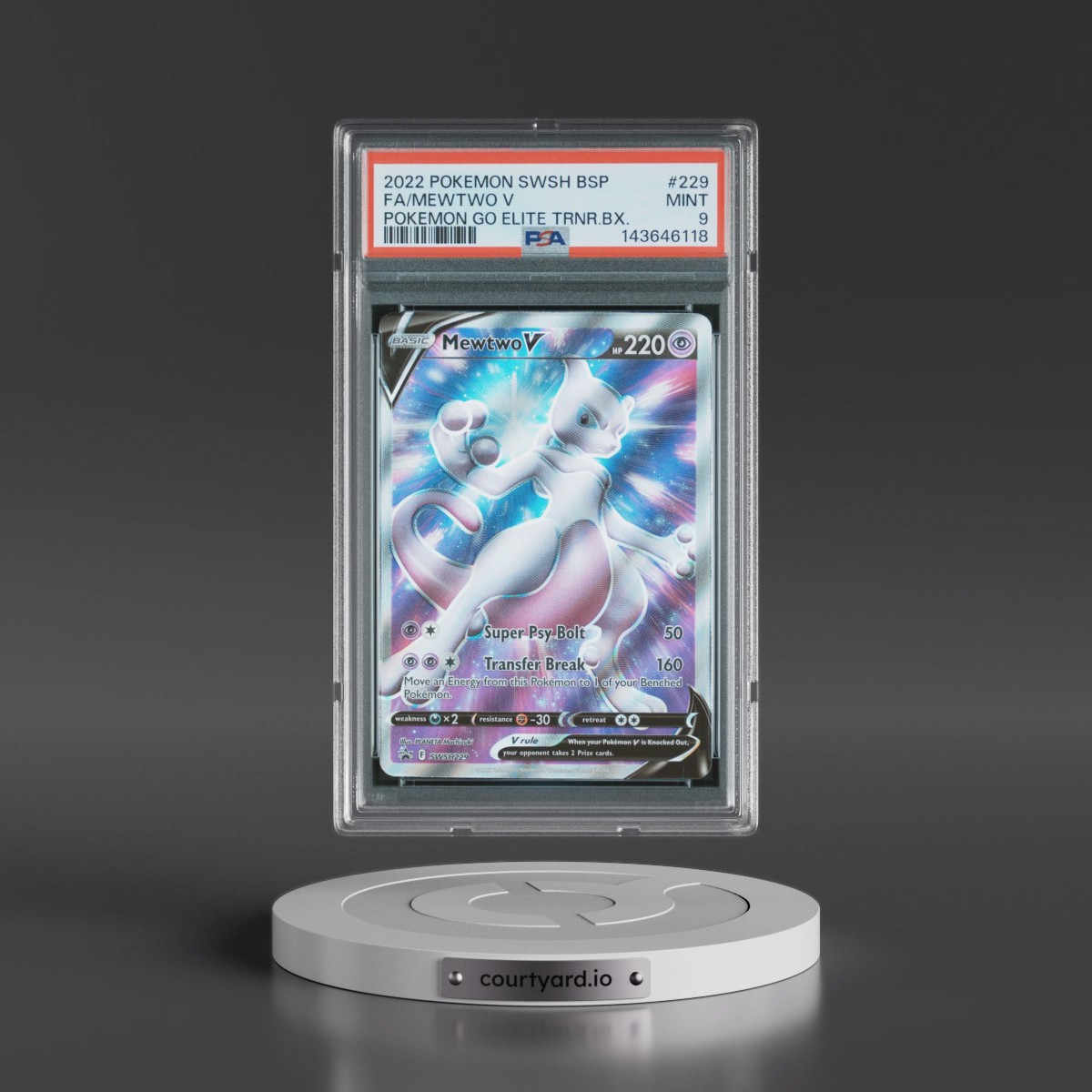 2022 Pokémon Swsh Black Star Promo #229 Mewtwo V - Holo Full Art Pokemon Go Elite Trainer Box (PSA 9 MINT)