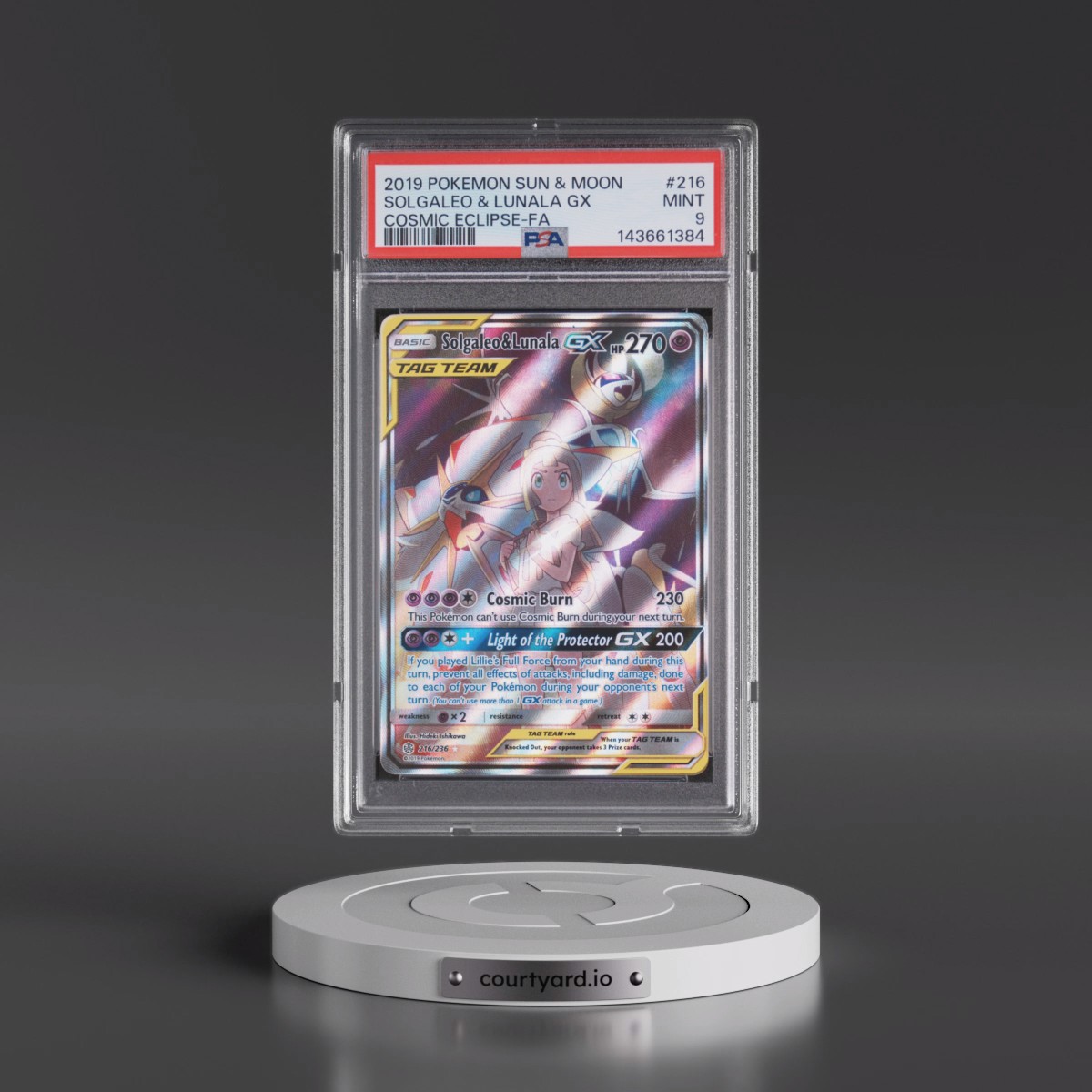 2019 Pokémon Sun & Moon Cosmic Eclipse Solgaleo & Lunala GX - Holo Full Art #216 PSA 9
