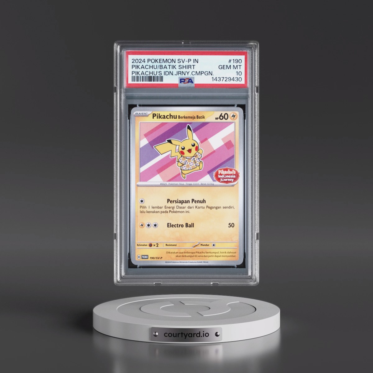 2024 Pokémon SV-P Promo #190 Pikachu in Batik Shirt - Pikachu's Indonesia Journey Campaign (PSA 10 GEM MINT)