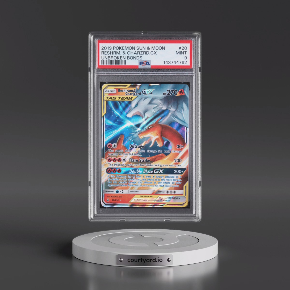 2019 Pokémon Sun & Moon Unbroken Bonds #20 Reshiram & Charizard GX - Holo (PSA 9 MINT)