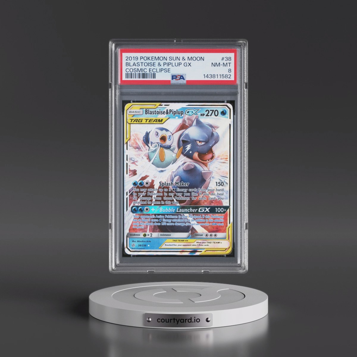 2019 Pokémon Sun & Moon Cosmic Eclipse #38 Blastoise & Piplup GX - Holo (PSA 8 NM-MT)