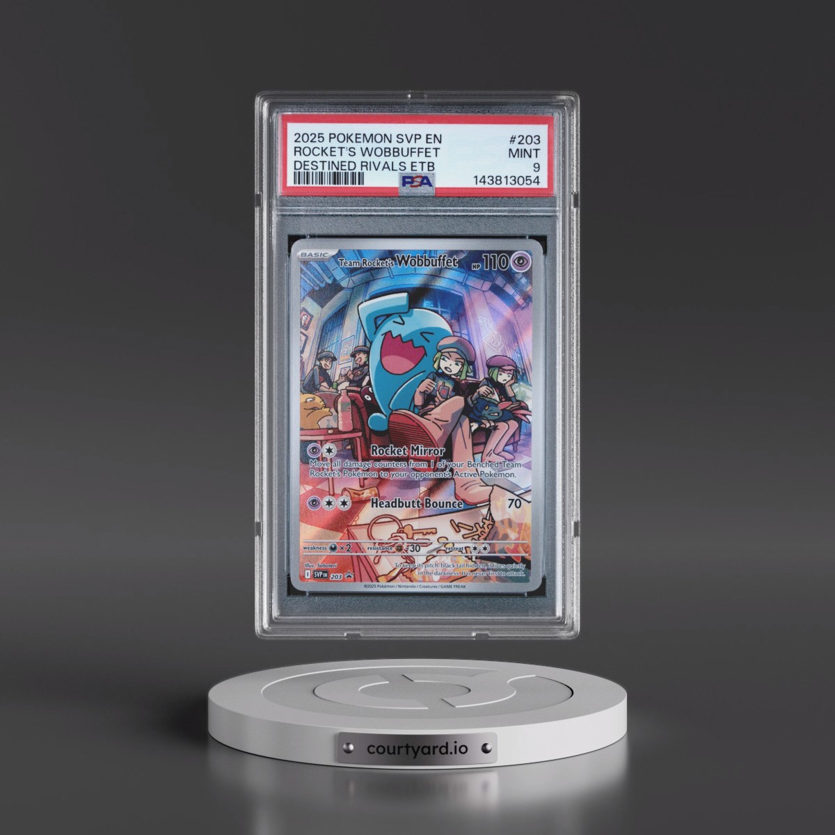 2025 Pokémon Svp EN-SV Black Star Promo #203 Team Rocket's Wobbuffet - Destined Rivals Elite Trainer Box (PSA 9 MINT)