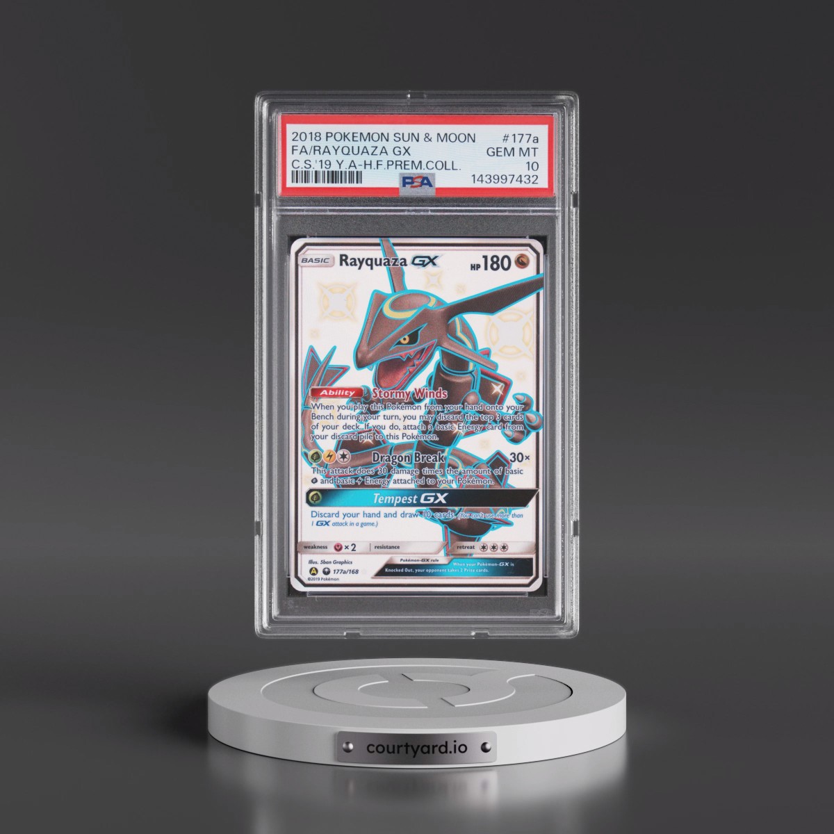 2018 Pokémon Sun & Moon Celestial Storm #177a Rayquaza GX - Holo Full Art 2019 Yellow A Hidden Fates Premium Collection (PSA 10 GEM MINT)