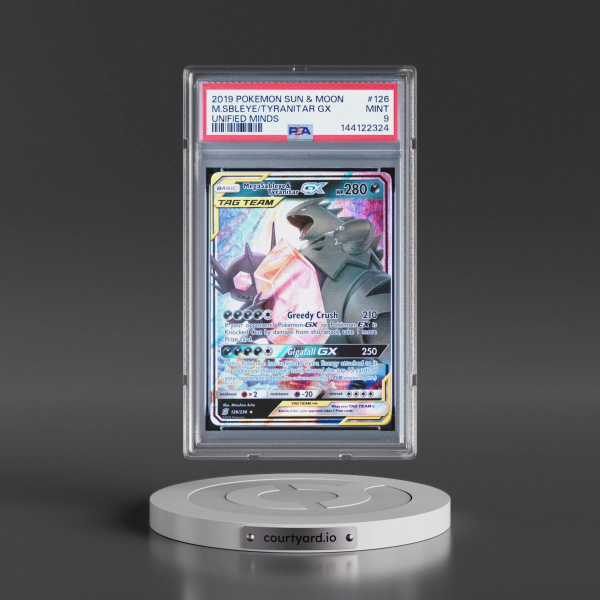 2019 Pokémon Sun & Moon Unified Minds #126 Mega Sableye & Tyranitar GX - Holo (PSA 9 MINT)