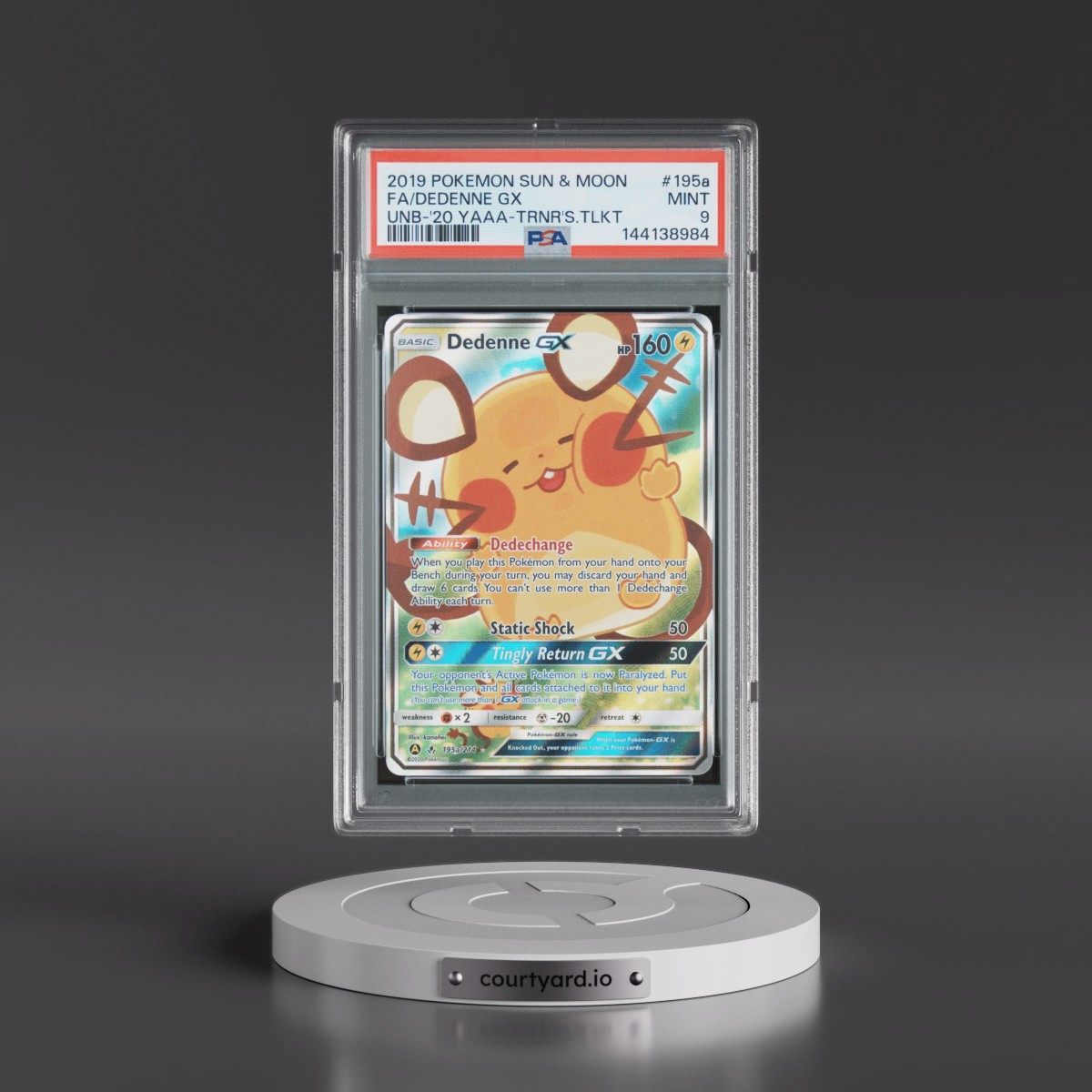 2019 Pokémon Sun & Moon Unbroken Bonds #195a Dedenne GX - Holo Full Art 2020 Yellow A Alternate Art Trainer's Toolkit (PSA 9 MINT)