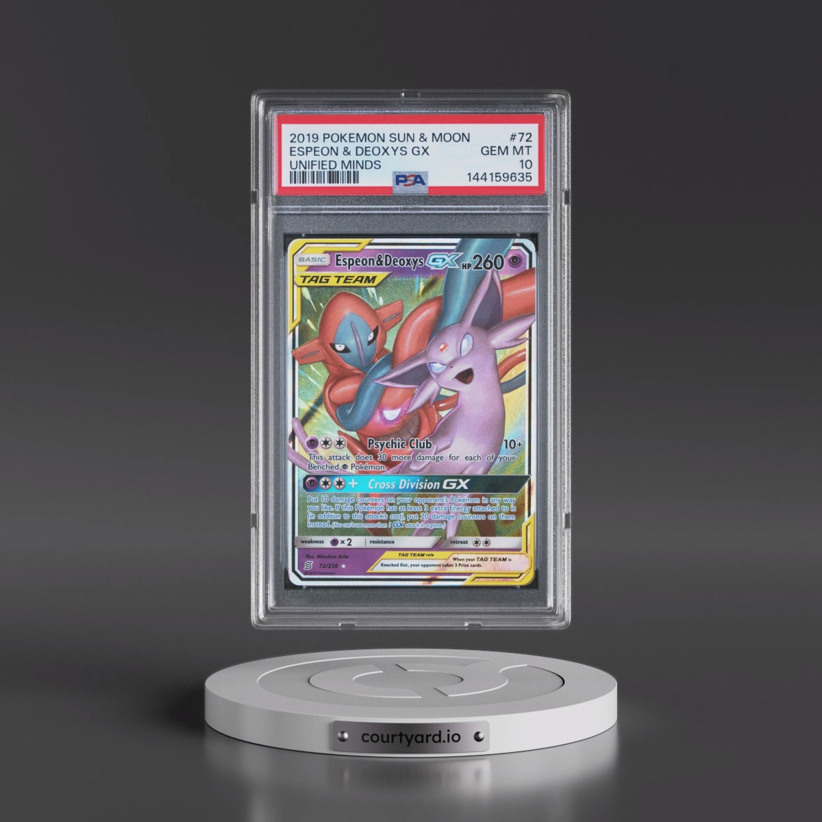 2019 Pokémon Sun & Moon Unified Minds #72 Espeon & Deoxys GX - Holo (PSA 10 GEM MINT)