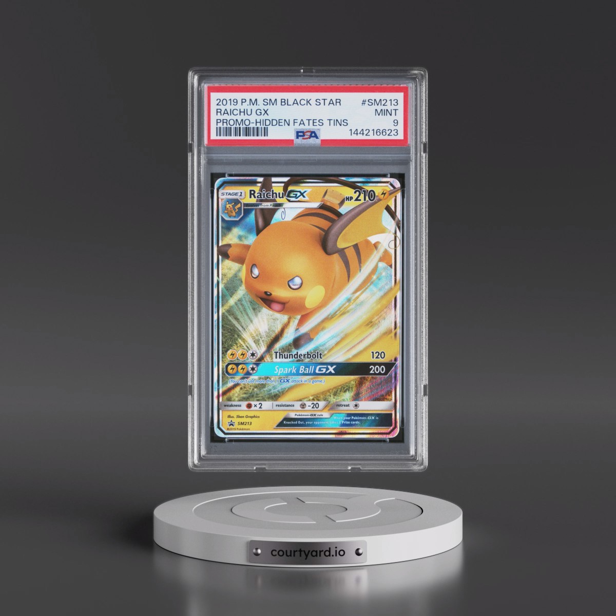 2019 Pokémon SM Black Star Promo #SM213 Raichu GX - Holo Hidden Fates Tins (PSA 9 MINT)