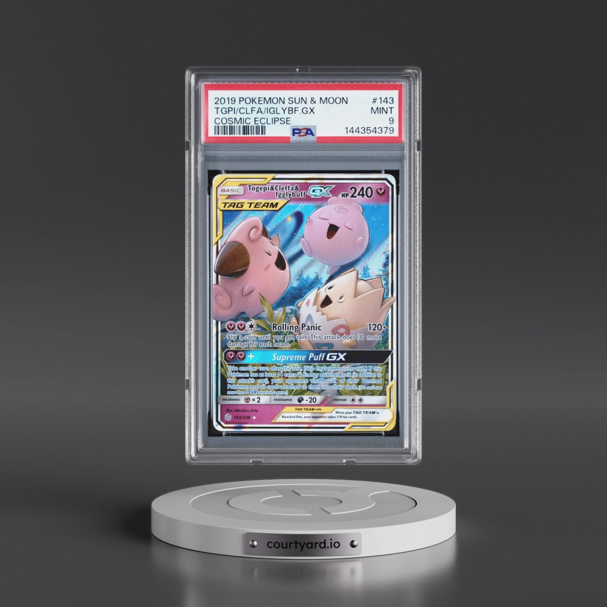 2019 Pokémon Sun & Moon Cosmic Eclipse #143 Togepi & Cleffa & Igglybuff GX - Holo (PSA 9 MINT)