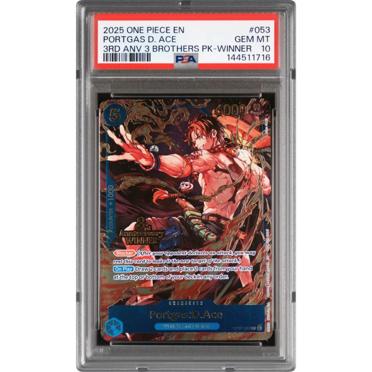 2025 One Piece 3rd Anniversary Tournament 3 Brothers Pack #053 Portgas D. Ace - Winner (PSA 10 GEM MINT)