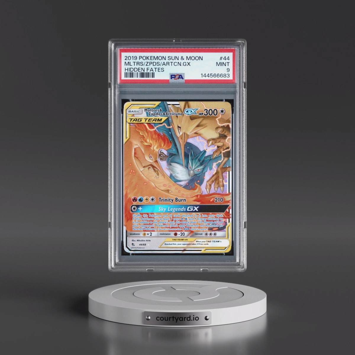 2019 Pokémon Sun & Moon Hidden Fates #44 Moltres & Zapdos & Articuno GX - Holo (PSA 9 MINT)