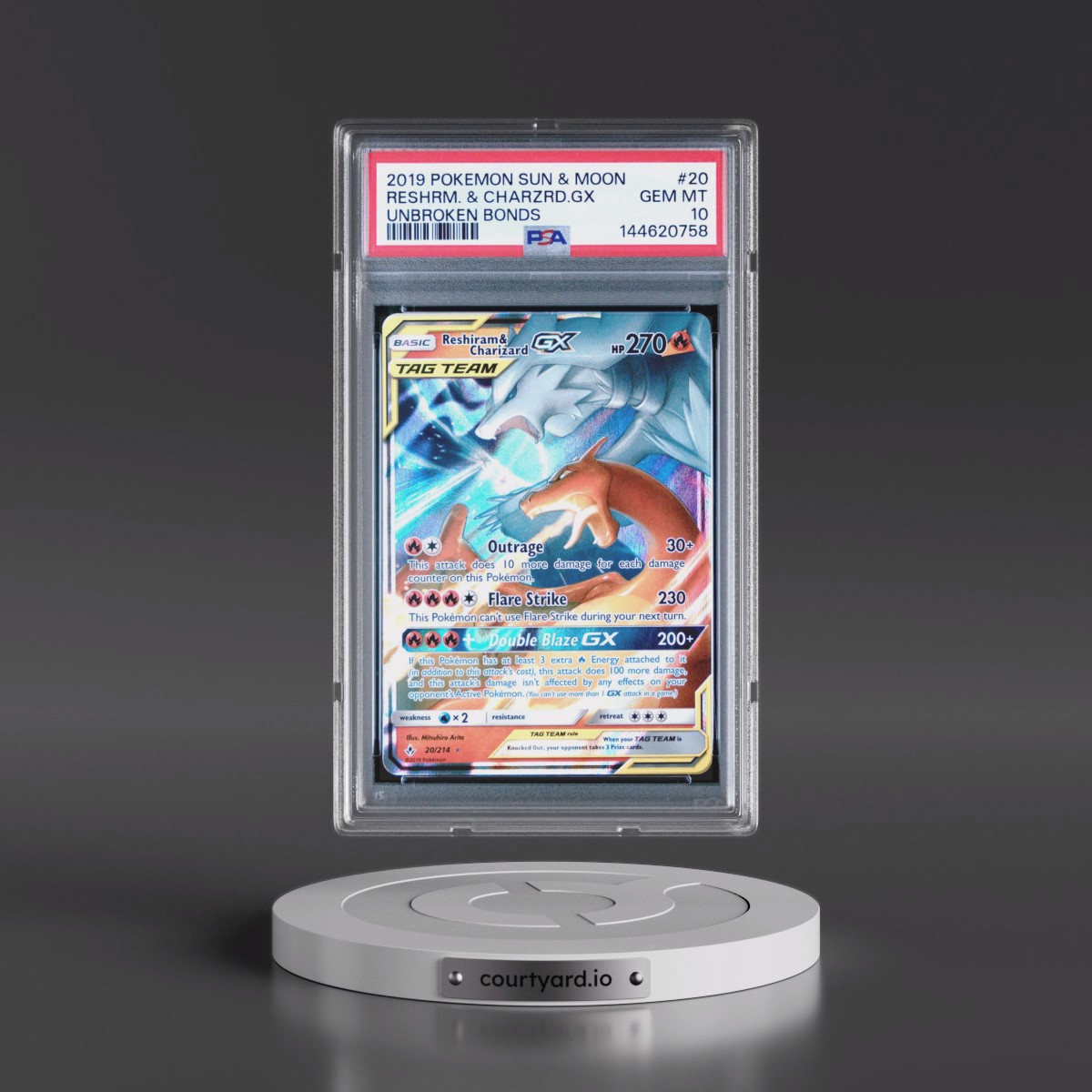 2019 Pokémon Sun & Moon Unbroken Bonds #20 Reshiram & Charizard GX - Holo (PSA 10 GEM MINT)