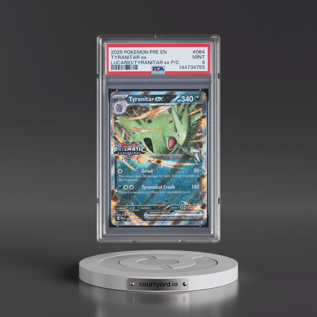 2025 Pokémon Pre EN-Prismatic Evolutions #064 Tyranitar EX - Holo Lucario EX & Tyranitar EX Premium Collection (PSA 9 MINT)