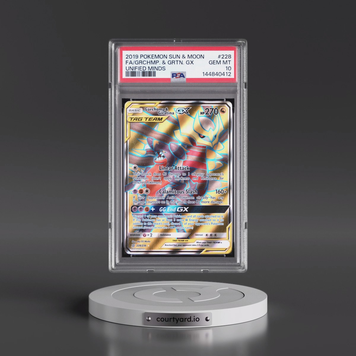 2019 Pokémon Sun & Moon Unified Minds #228 Garchomp & Giratina GX - Holo Full Art (PSA 10 GEM MINT)
