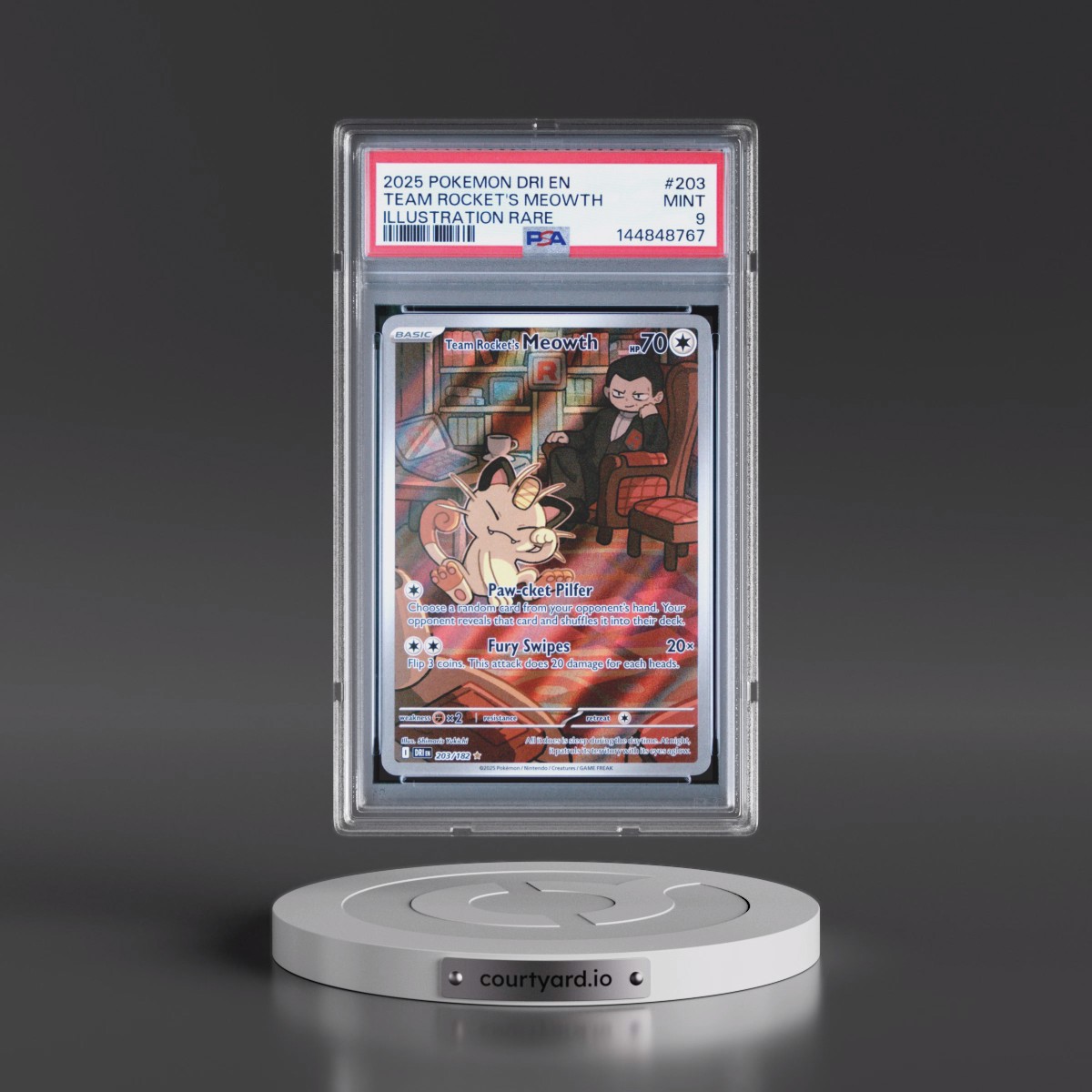 2025 Pokémon Dri EN-Destined Rivals #203 Team Rocket's Meowth - Illustration Rare (PSA 9 MINT)