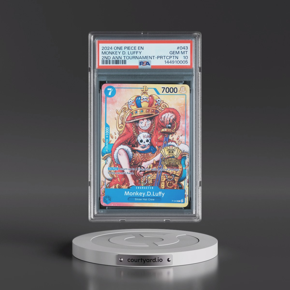 2024 One Piece Promos #043 Monkey D. Luffy - 2nd Anniversary Tournament-Participation (PSA 10 GEM MINT)