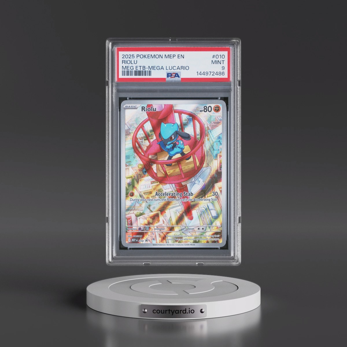 2025 Pokémon Mep EN-Me Black Star Promo #010 Riolu - Mega Evolution Elite Trainer Box-Mega Lucario (PSA 9 MINT)