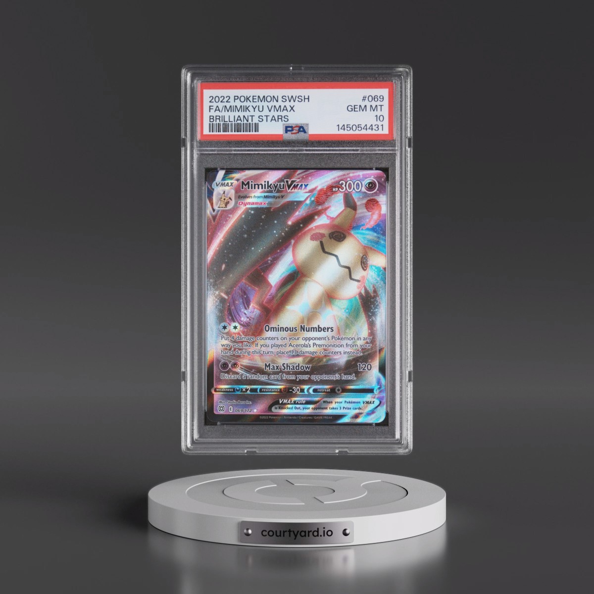 2022 Pokémon Sword & Shield Brilliant Stars #069 Mimikyu Vmax - Full Art (PSA 10 GEM MINT)
