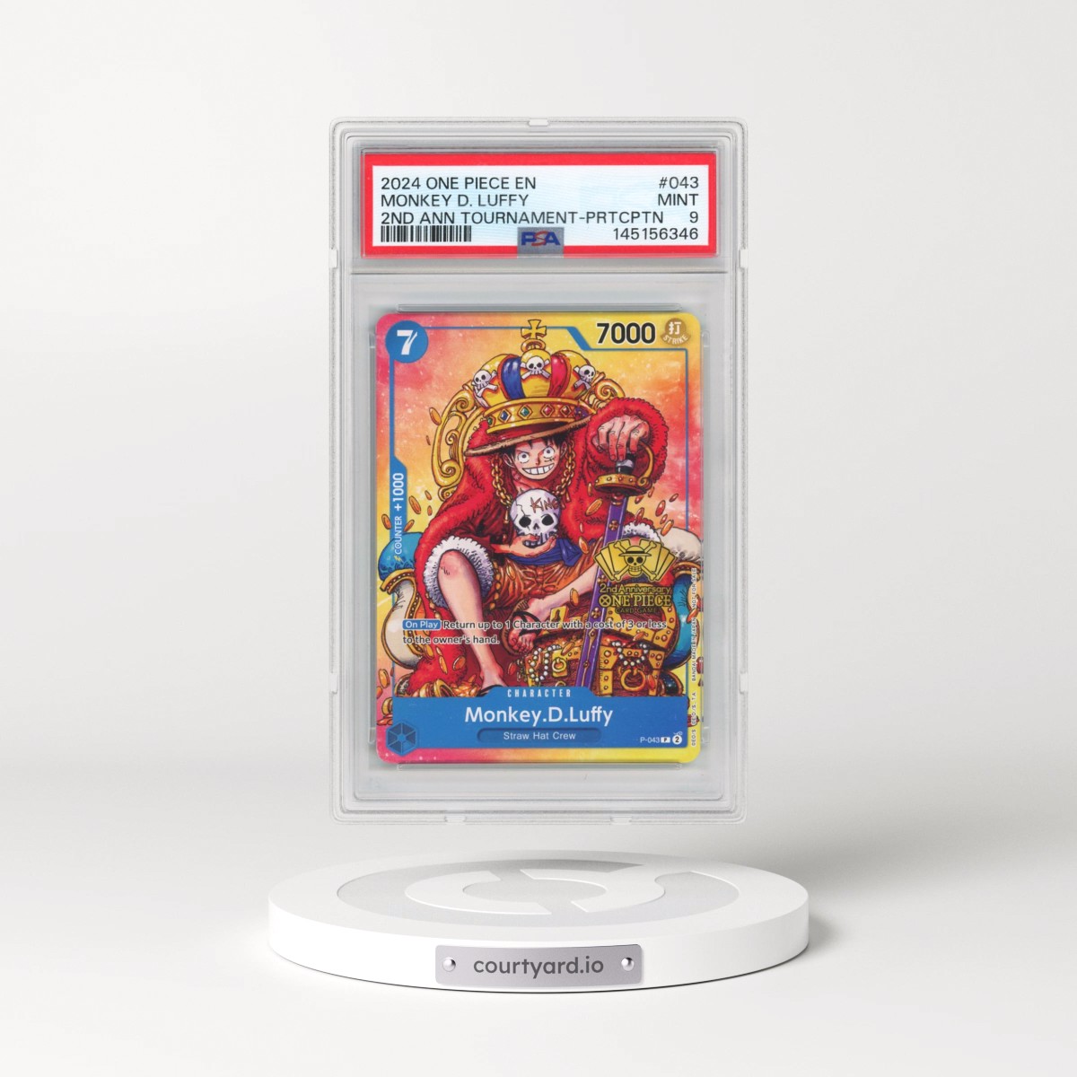 2024 One Piece Promos #043 Monkey D. Luffy - 2nd Anniversary Tournament-Participation (PSA 9 MINT)