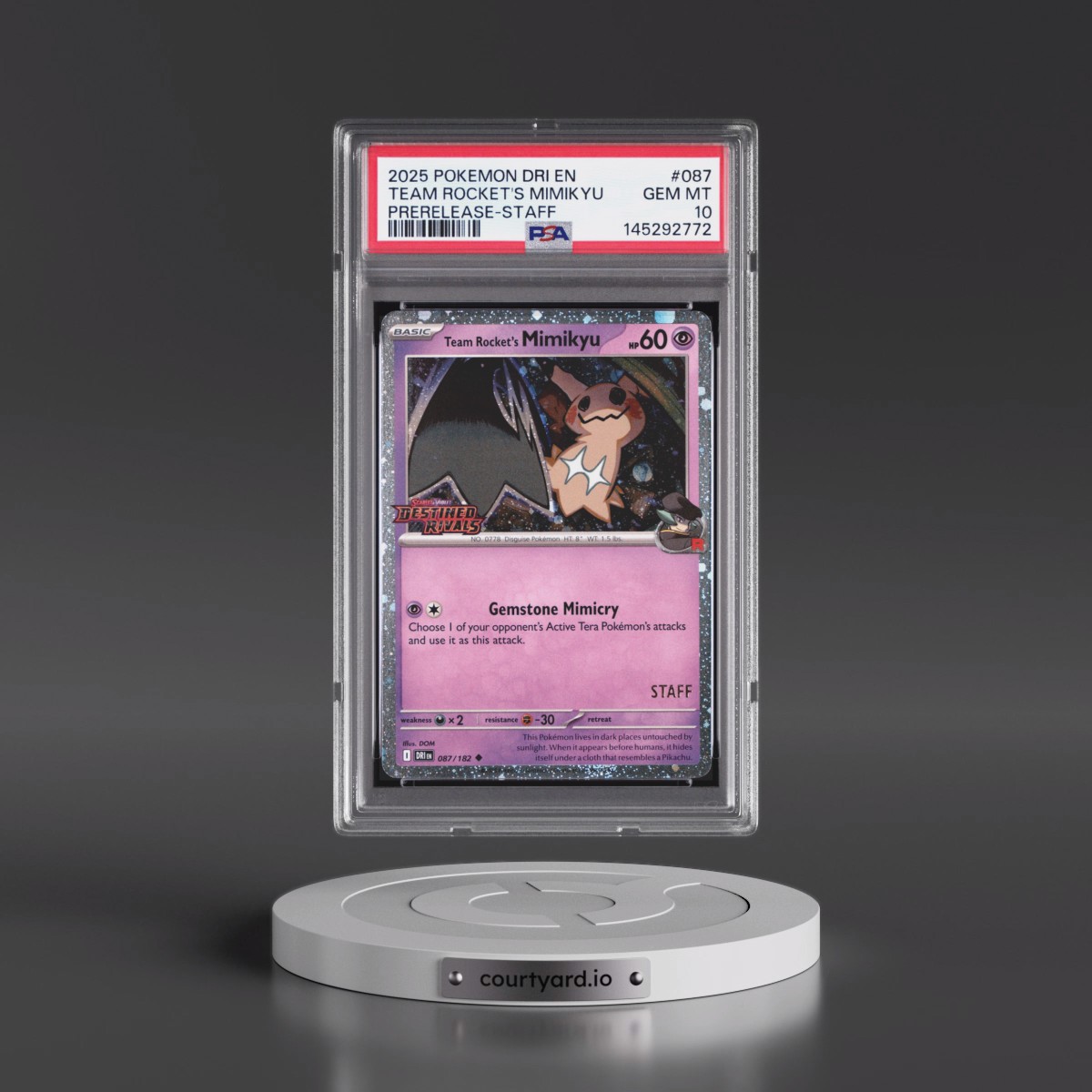 2025 Pokémon Dri EN-Destined Rivals #087 Team Rocket's Mimikyu - Prerelease-Staff (PSA 10 GEM MINT)