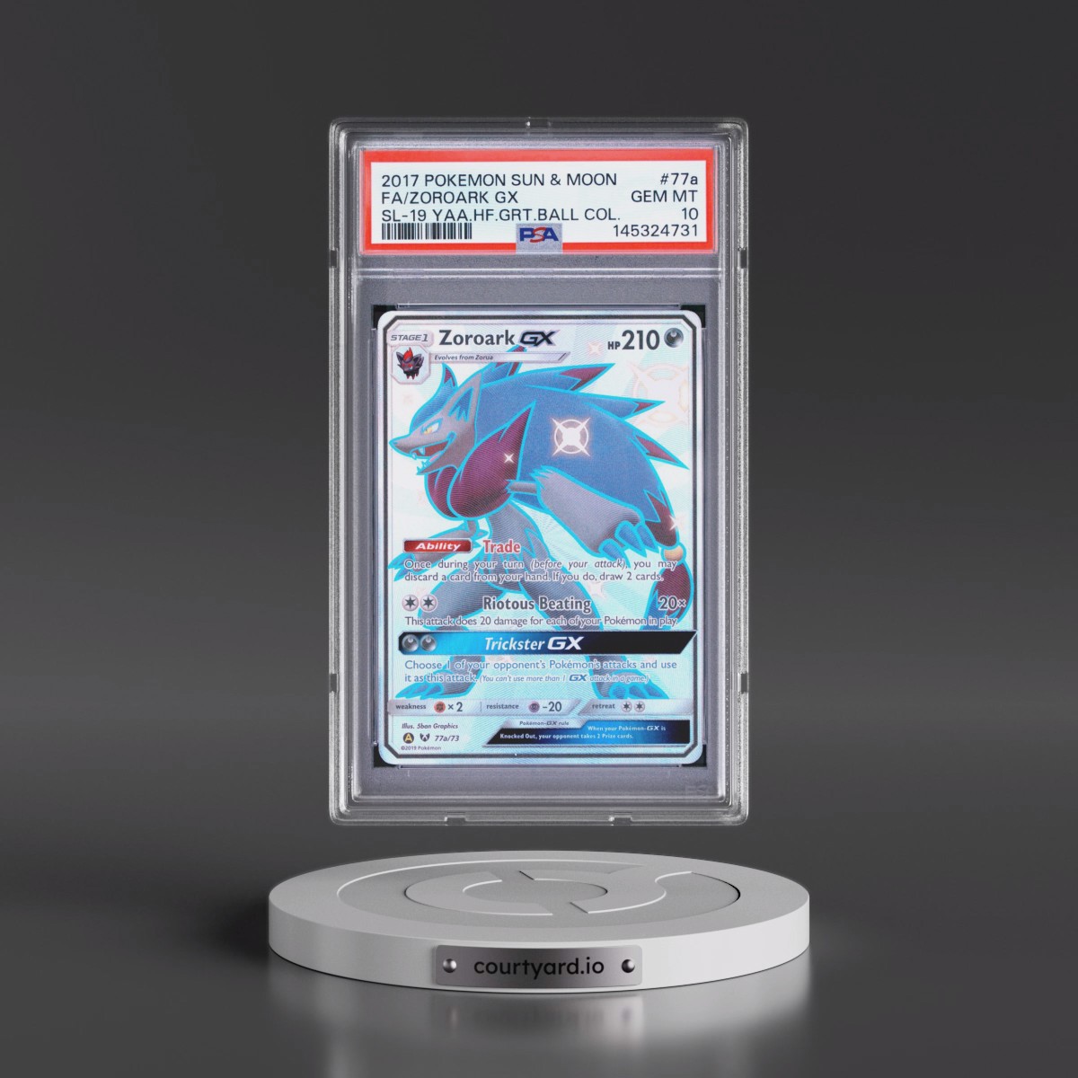 2017 Pokémon Sun & Moon Shining Legends #77a Zoroark GX - Holo Full Art 2019 Yellow A Alternate Art Hidden Fates Great Ball Collection (PSA 10 GEM MINT)