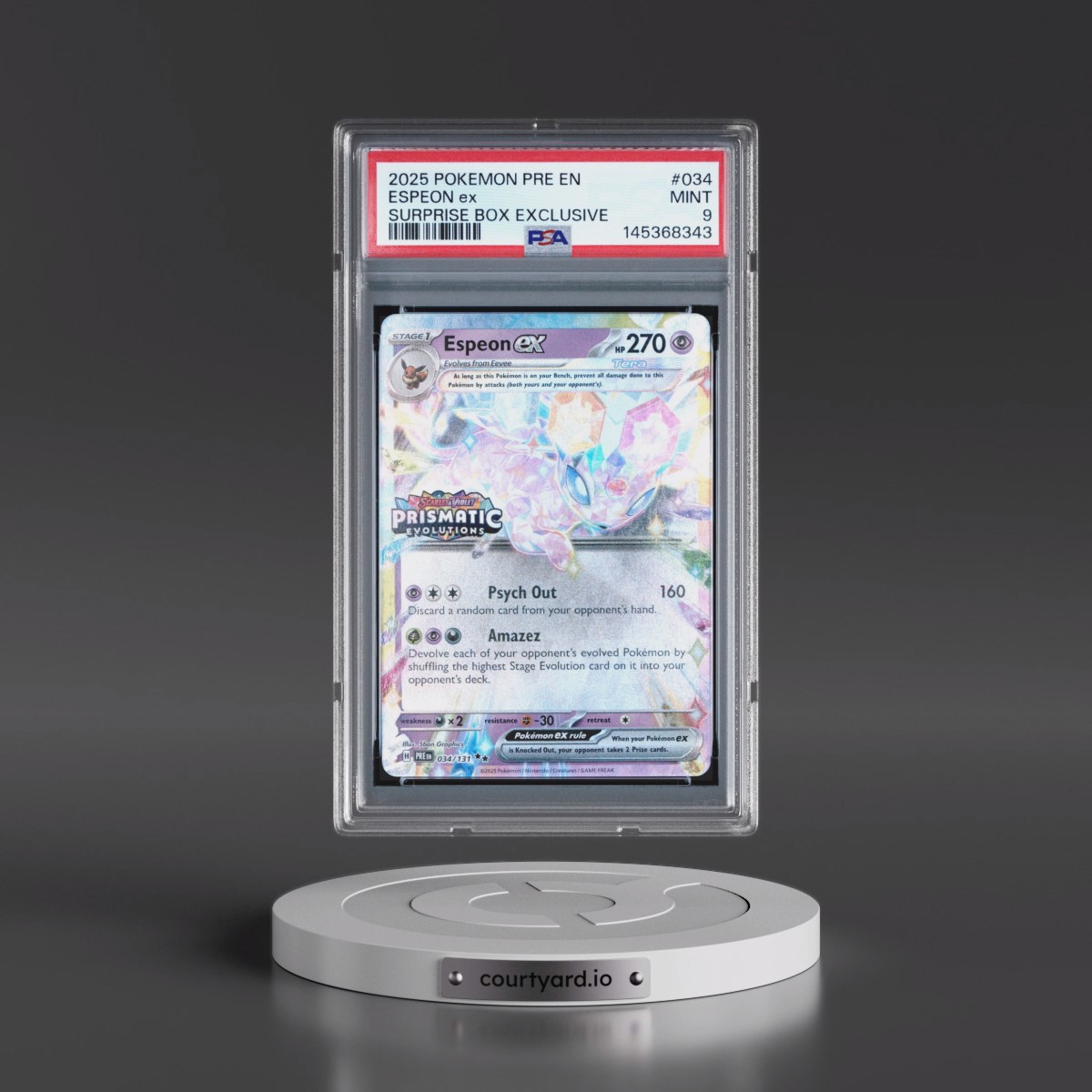 2025 Pokémon Pre EN-Prismatic Evolutions #034 Espeon EX - Holo Surprise Box Exclusive (PSA 9 MINT)