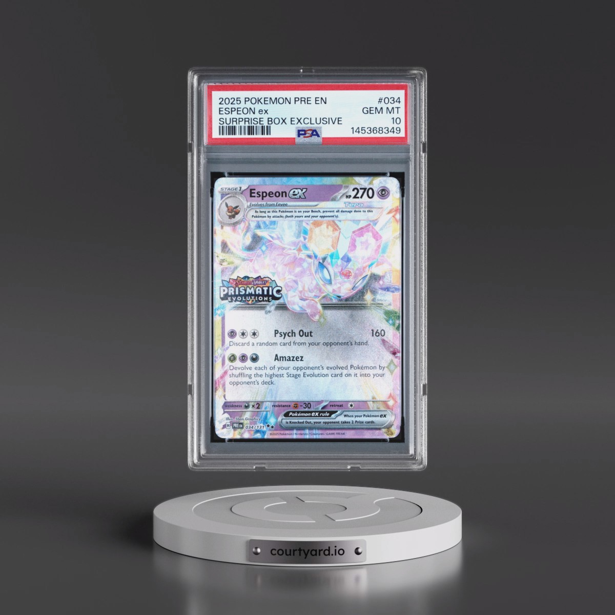 2025 Pokémon Pre EN-Prismatic Evolutions #034 Espeon EX - Holo Surprise Box Exclusive (PSA 10 GEM MINT)