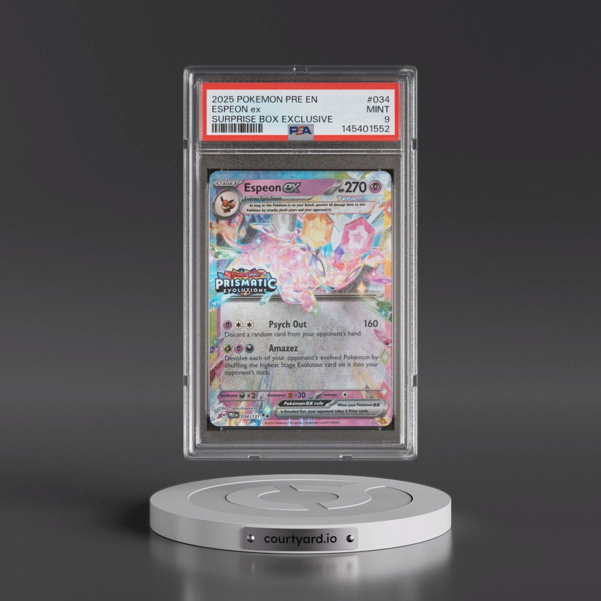 2025 Pokémon Pre EN-Prismatic Evolutions #034 Espeon EX - Holo Surprise Box Exclusive (PSA 9 MINT)