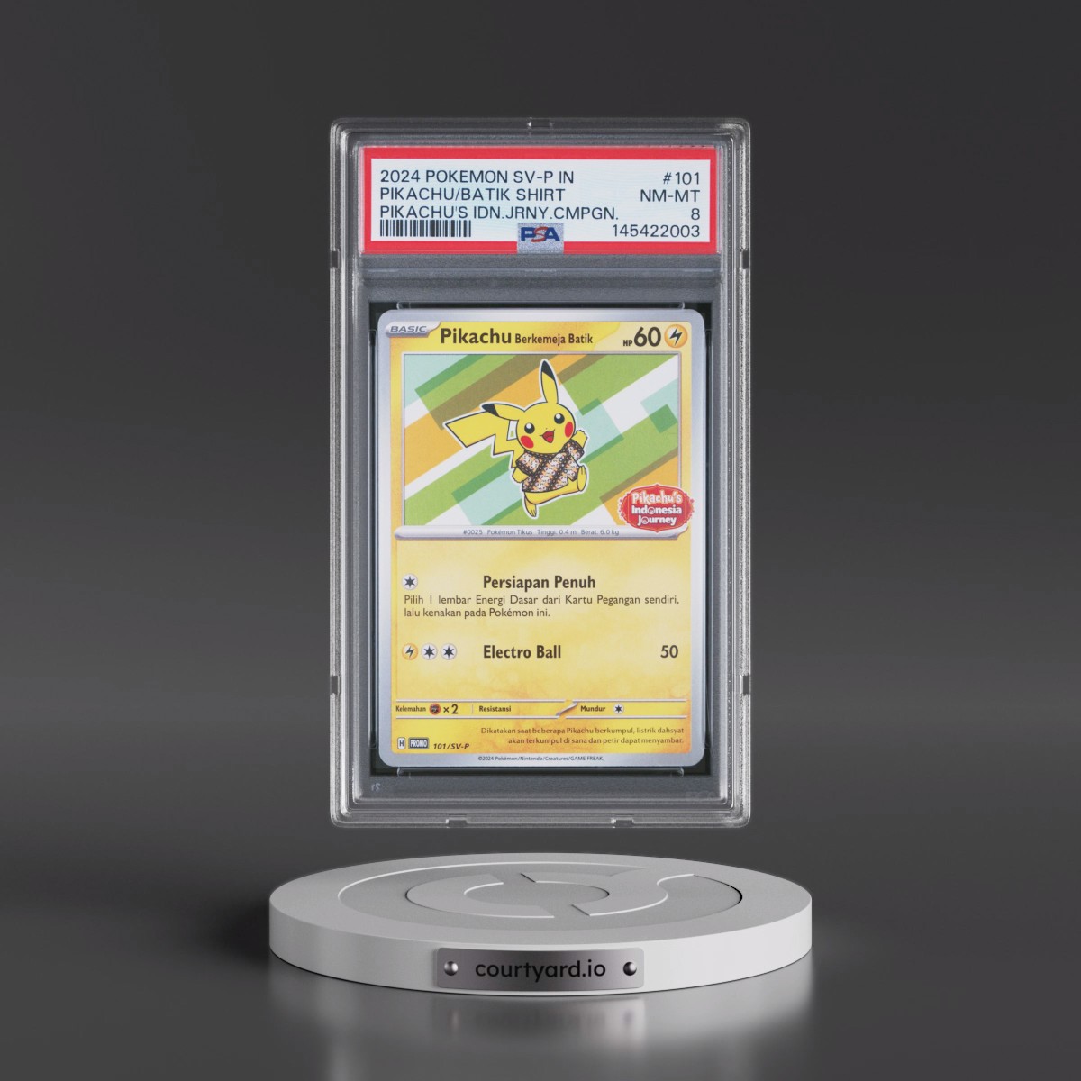 2024 Pokémon SV-P Promo #101 Pikachu in Batik Shirt - Pikachu's Indonesia Journey Campaign (PSA 8 NM-MT)