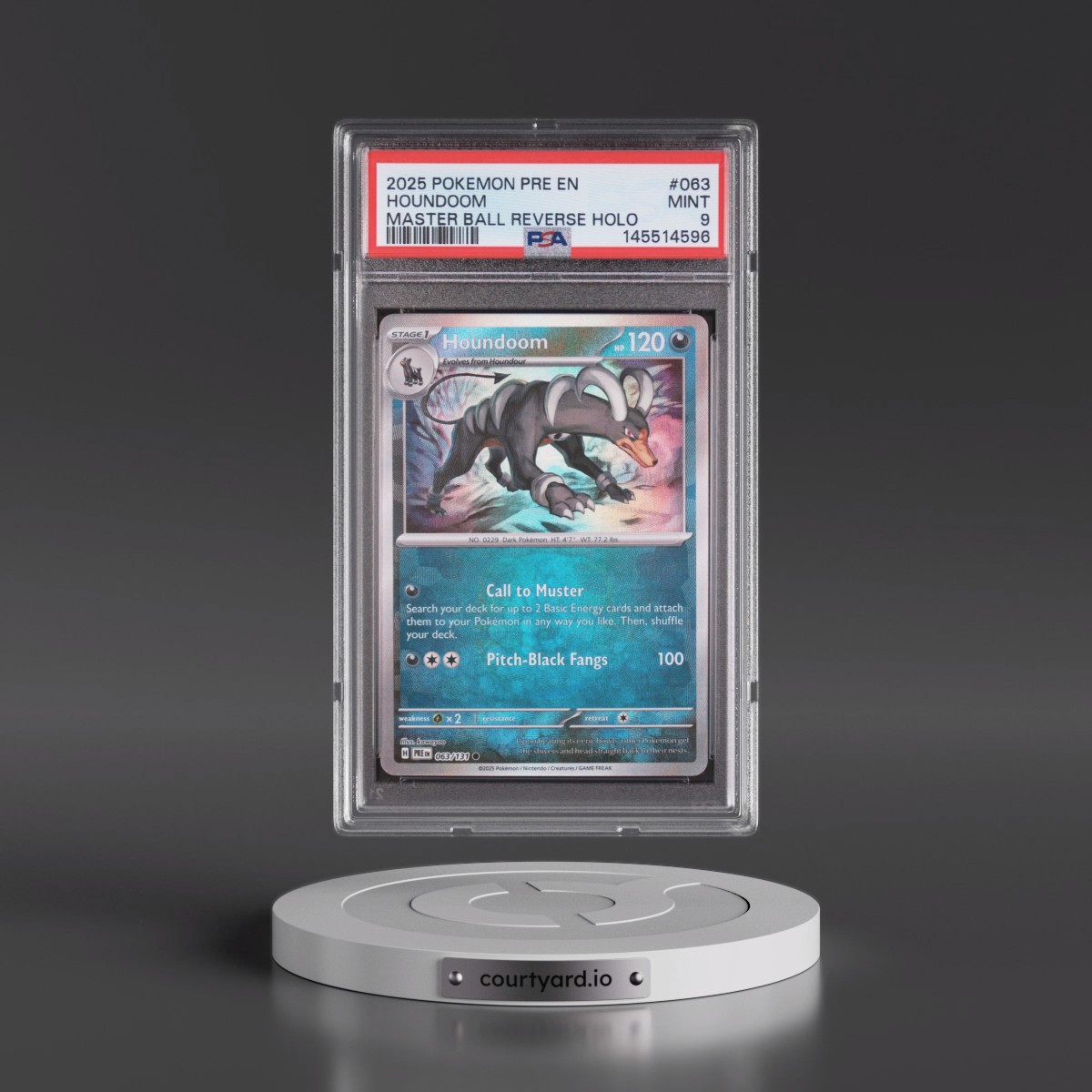2025 Pokémon Pre EN-Prismatic Evolutions #063 Houndoom - Reverse Holo Master Ball (PSA 9 MINT)