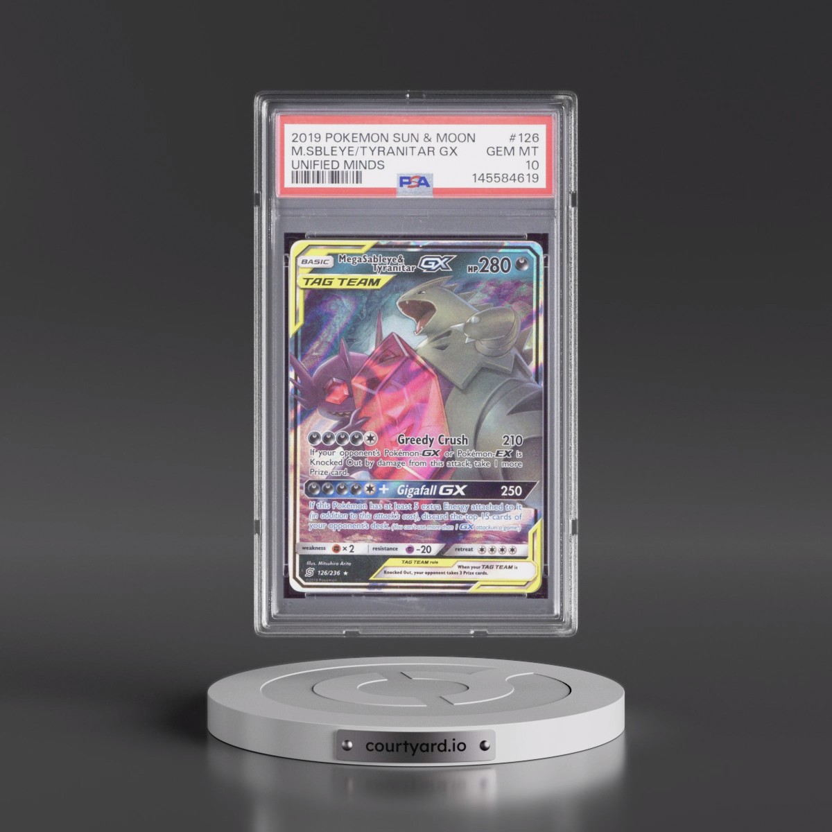 2019 Pokémon Sun & Moon Unified Minds #126 Mega Sableye & Tyranitar GX - Holo (PSA 10 GEM MINT)