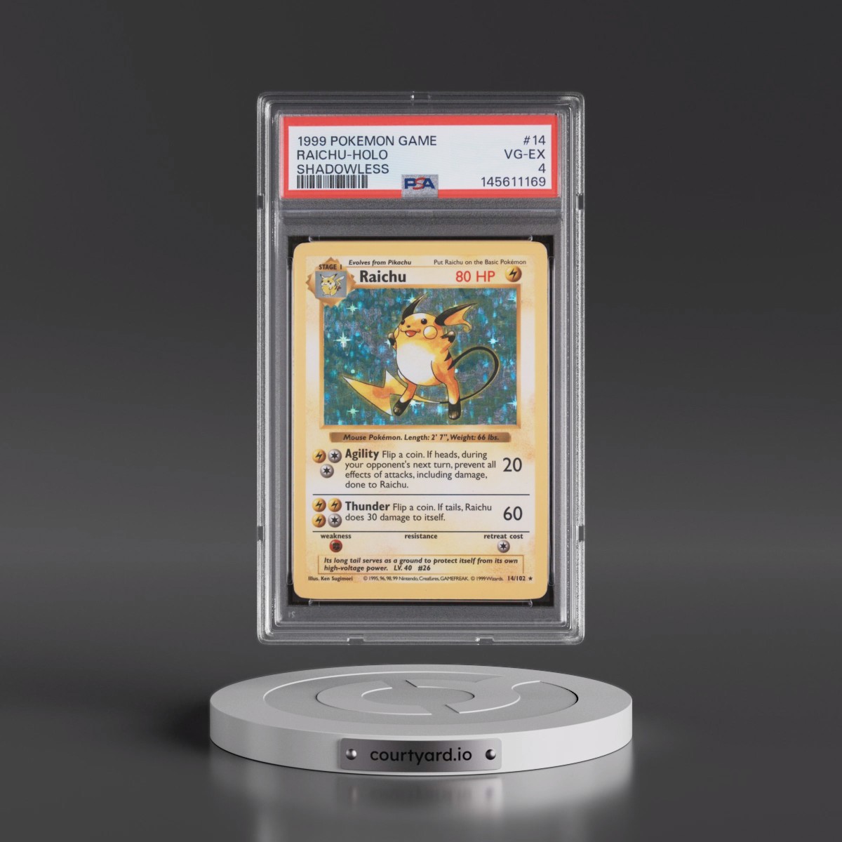 1999 Pokémon Game #14 Raichu - Holo Shadowless (PSA 4 VG-EX)