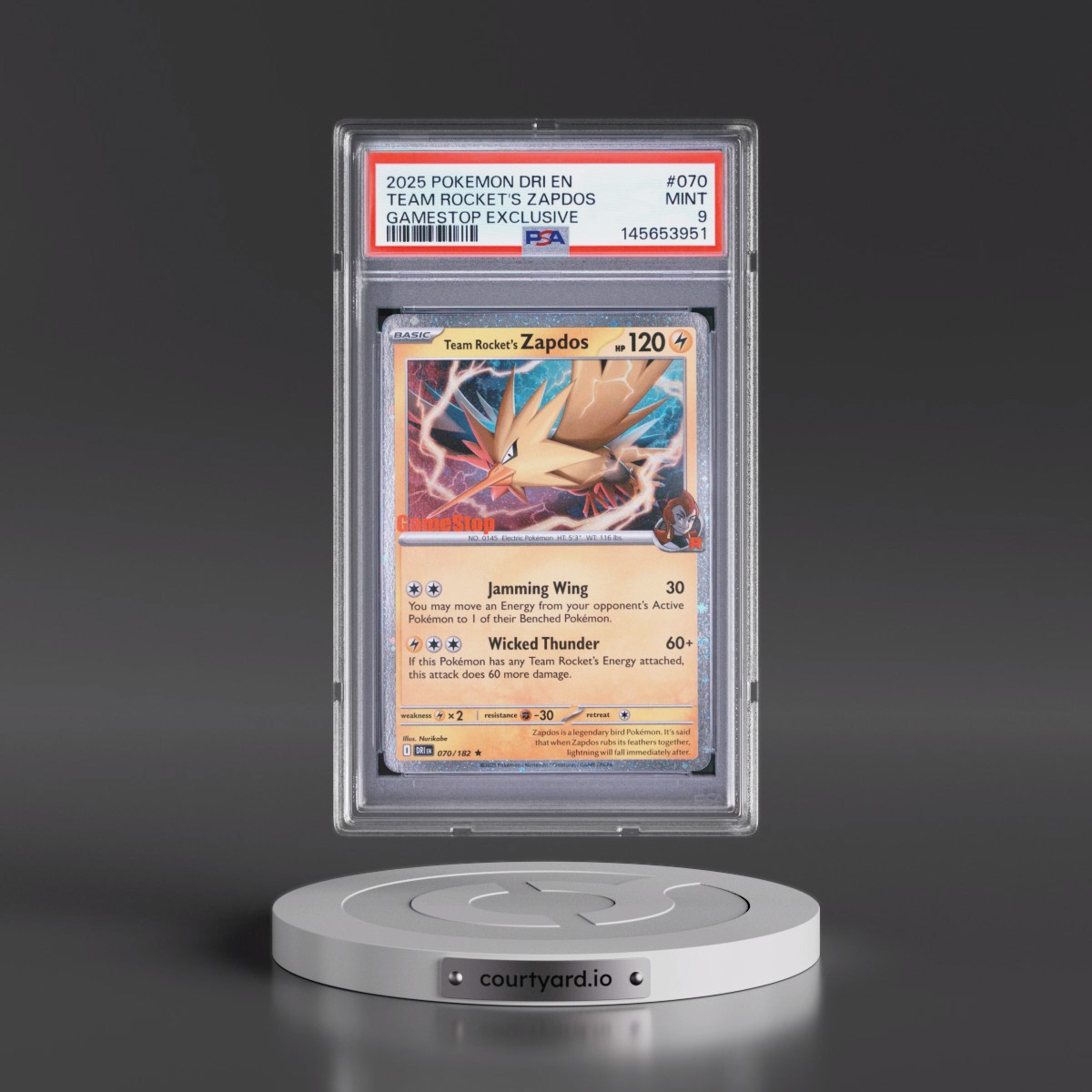 2025 Pokémon Dri EN-Destined Rivals #070 Team Rocket's Zapdos - Gamestop Exclusive (PSA 9 MINT)