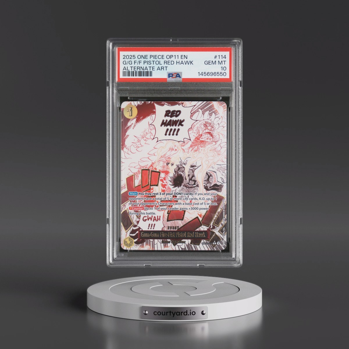 2025 One Piece OP11-A Fist of Divine Speed #114 Gum-Gum Fire-Fist Pistol Red Hawk - Alternate Art (PSA 10 GEM MINT)