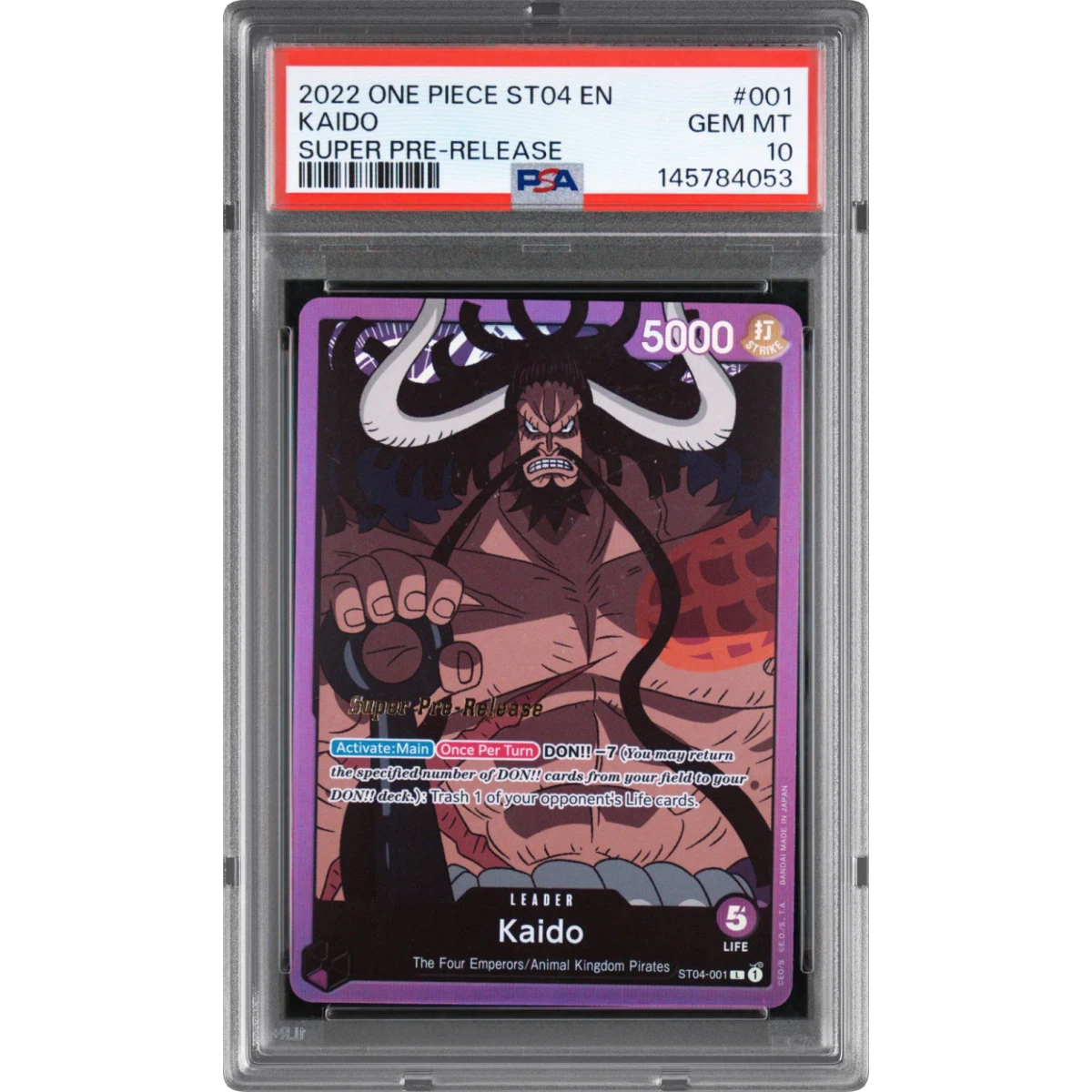 2022 One Piece Starter Deck ST04-Animal Kingdom Pirates #001 Kaido - Super Pre-Release (PSA 10 GEM MINT)