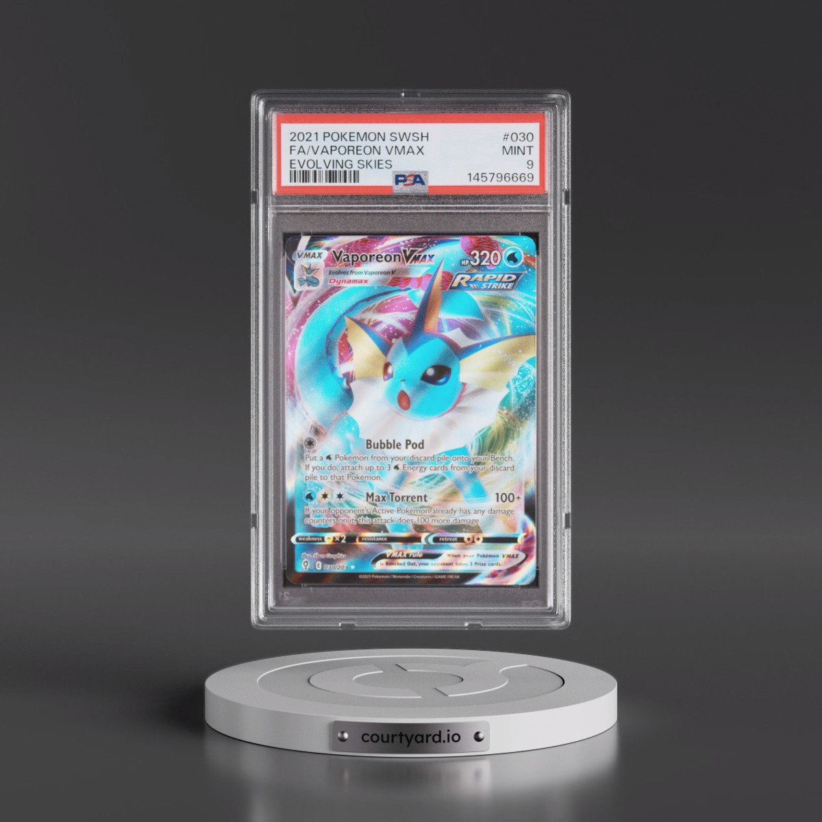 2021 Pokémon Sword & Shield Evolving Skies #030 Vaporeon Vmax - Full Art (PSA 9 MINT)