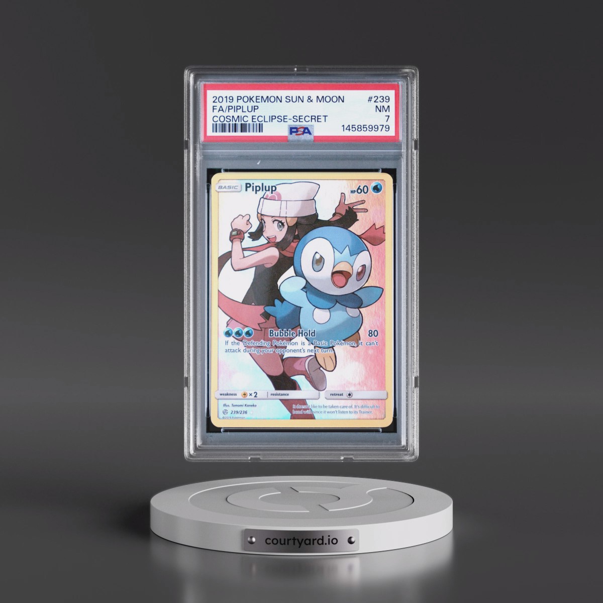 2019 Pokémon Sun & Moon Cosmic Eclipse #239 Piplup - Full Art Secret (PSA 7 NM)