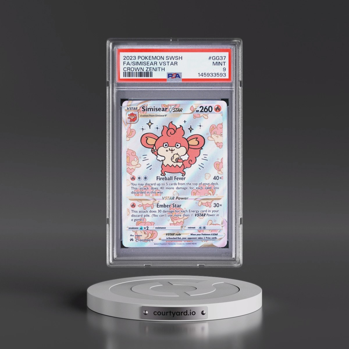 2023 Pokémon Sword and Shield Crown Zenith #GG37 Simisear Vstar - Full Art (PSA 9 MINT)