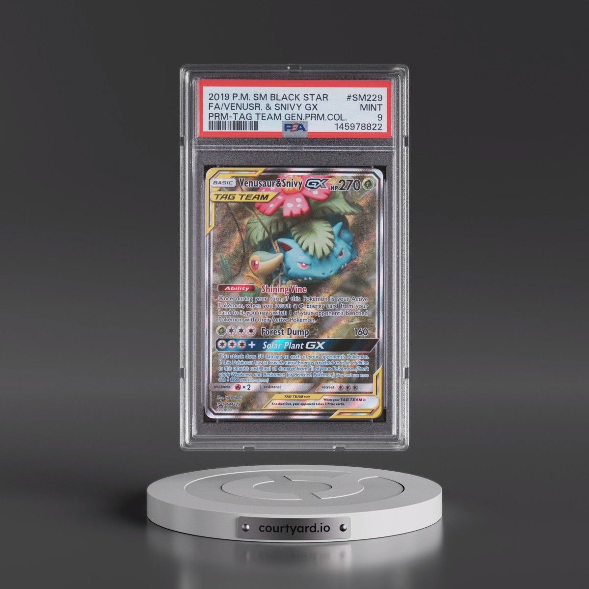 2019 Pokémon SM Black Star Promo #SM229 Venusaur & Snivy GX - Holo Full Art Tag Team Generations Premium Collection (PSA 9 MINT)
