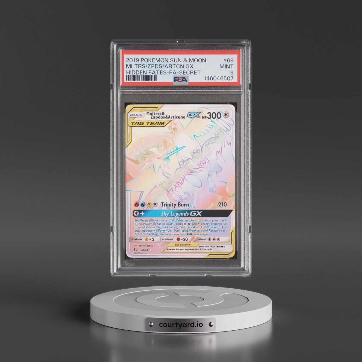 2019 Pokémon Sun & Moon Hidden Fates #69 Moltres & Zapdos & Articuno GX - Holo Full Art Secret (PSA 9 MINT)