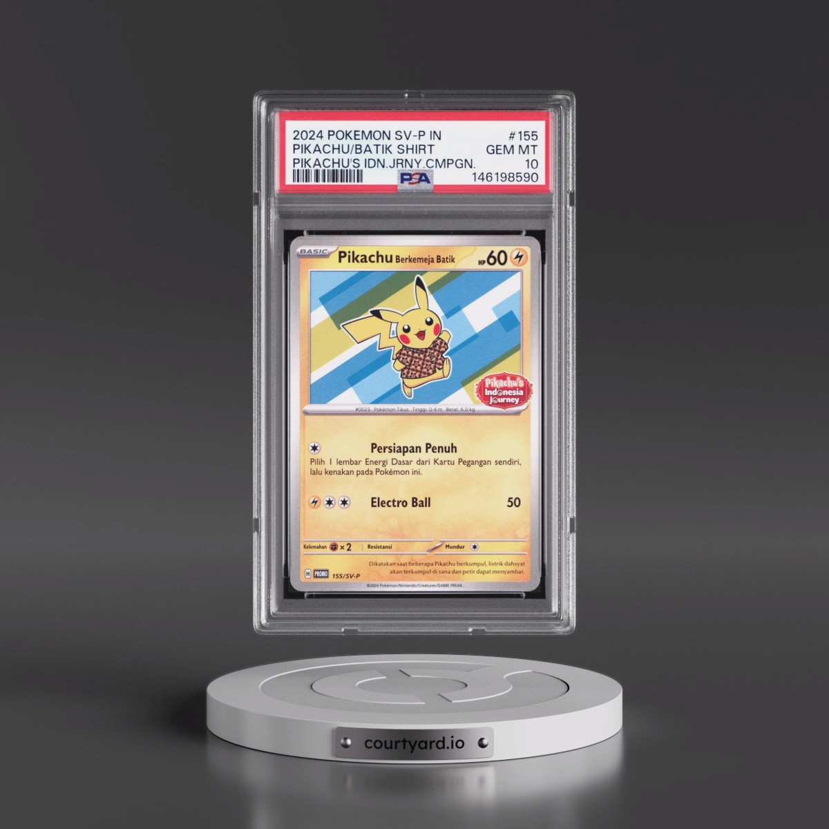 2024 Pokémon SV-P Promo #155 Pikachu in Batik Shirt - Pikachu's Indonesia Journey Campaign (PSA 10 GEM MINT)