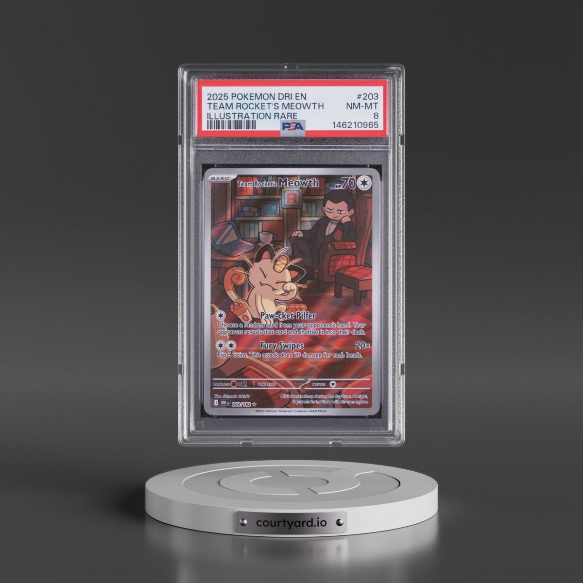 2025 Pokémon Dri EN-Destined Rivals #203 Team Rocket's Meowth - Illustration Rare (PSA 8 NM-MT)