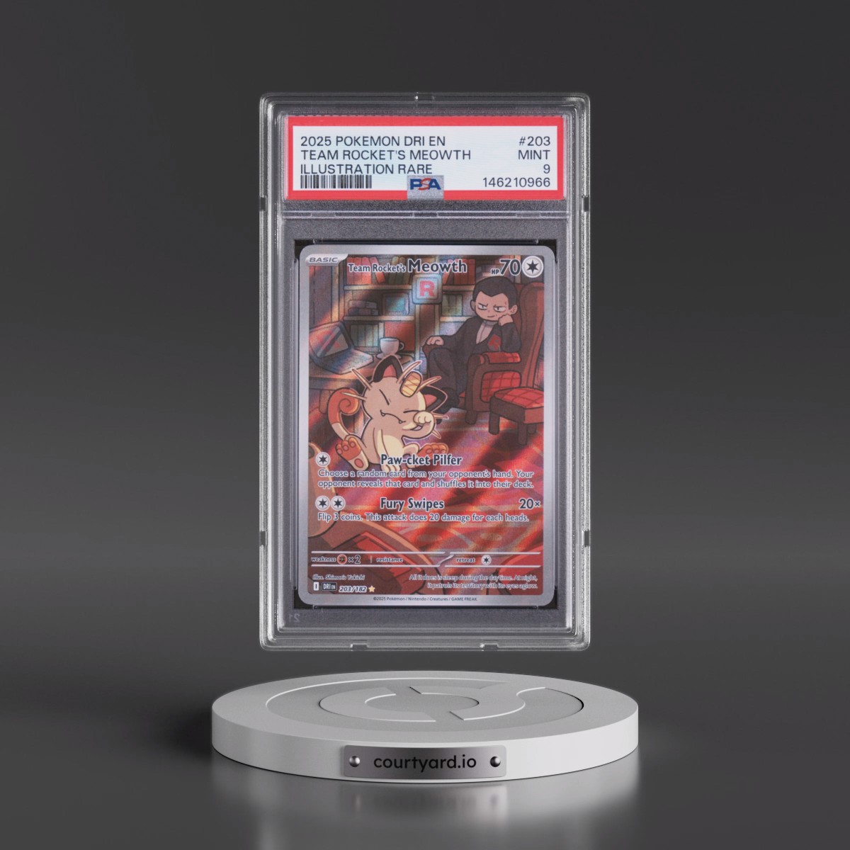 2025 Pokémon Dri EN-Destined Rivals #203 Team Rocket's Meowth - Illustration Rare (PSA 9 MINT)