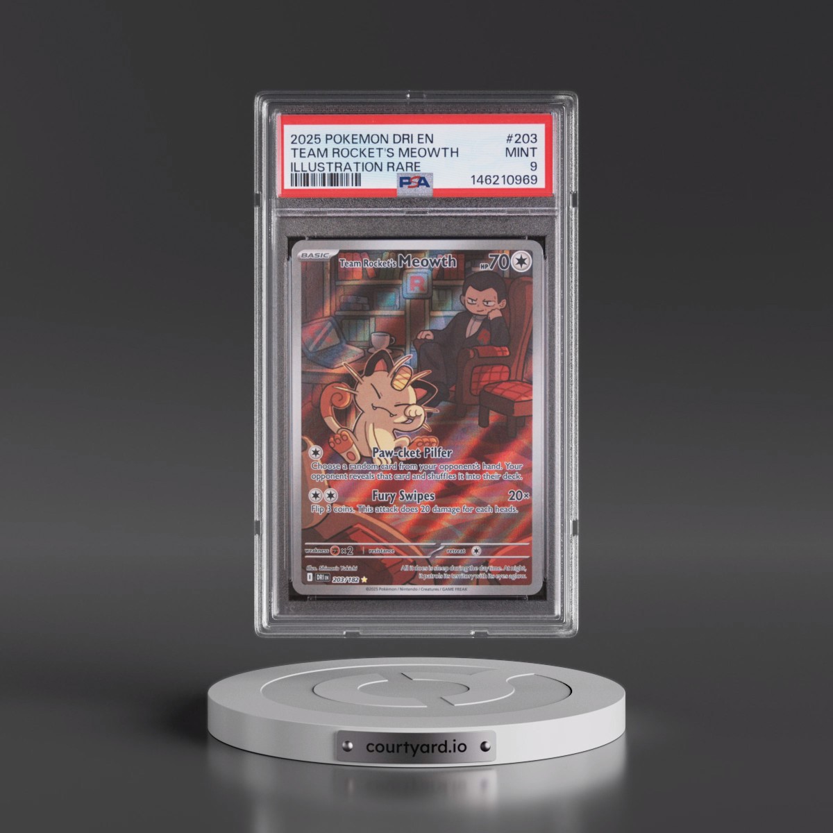 2025 Pokémon Dri EN-Destined Rivals #203 Team Rocket's Meowth - Illustration Rare (PSA 9 MINT)