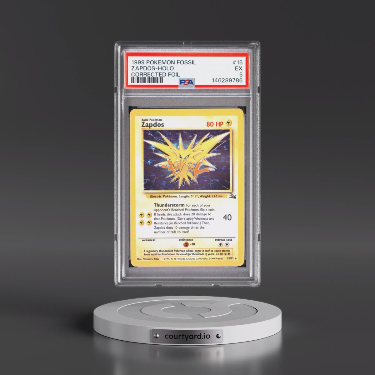 1999 Pokémon Fossil #15 Zapdos - Holo Corrected Foil (PSA 5 EX)