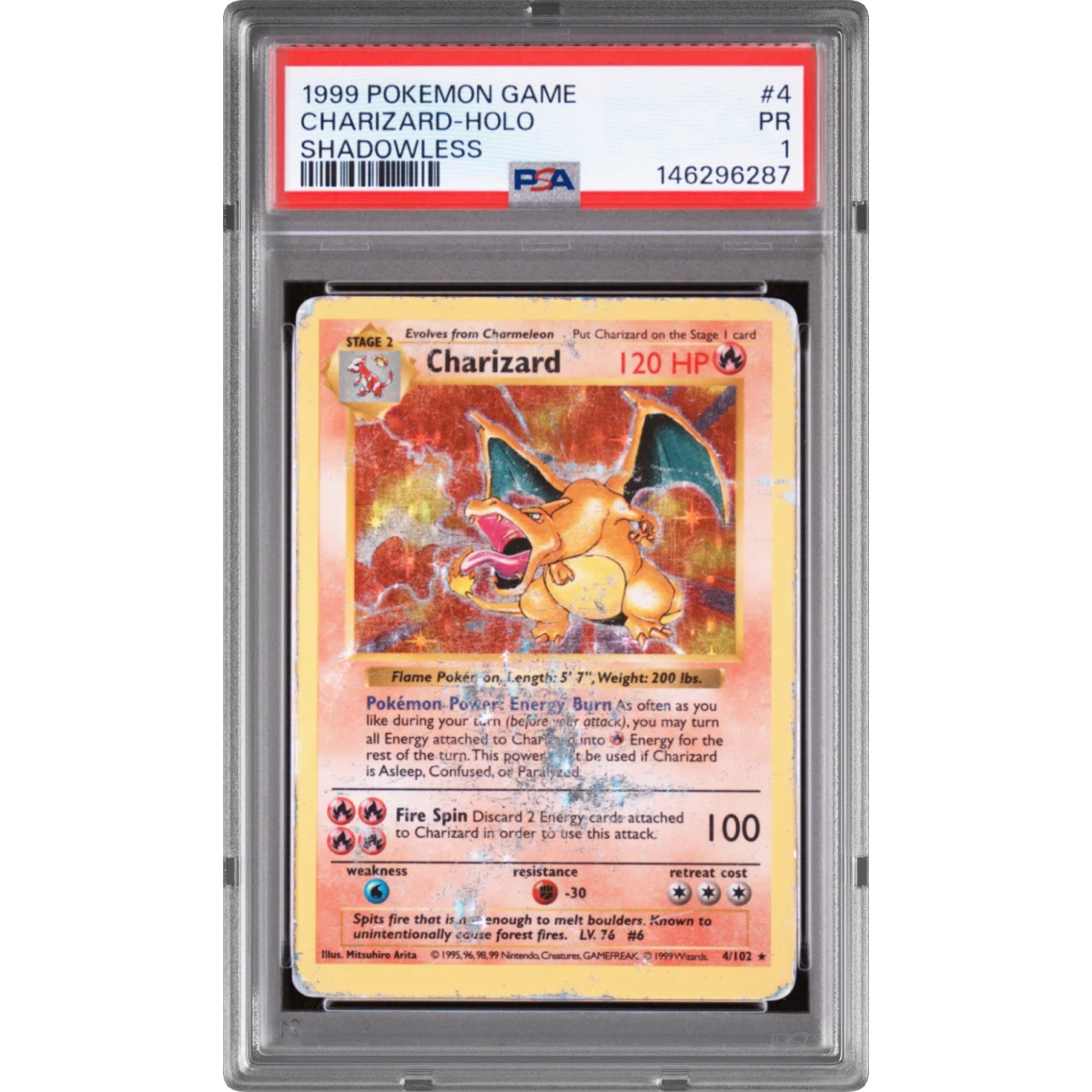 1999 Pokémon Game #4 Charizard - Holo Shadowless (PSA 1 PR)