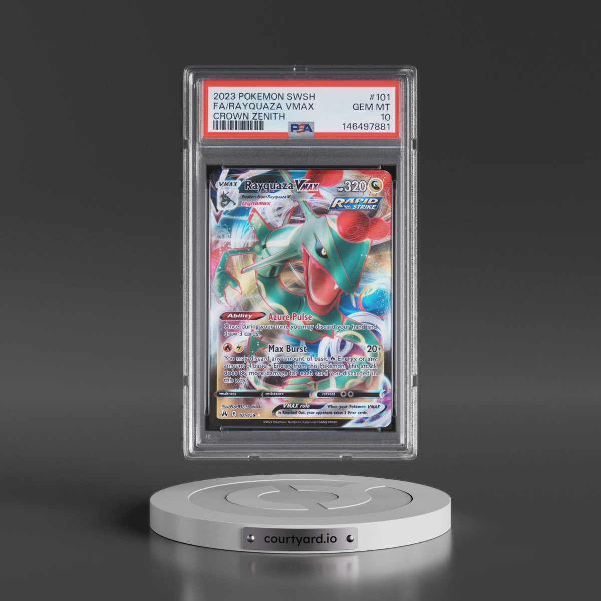2023 Pokémon Sword and Shield Crown Zenith #101 Rayquaza Vmax - Full Art (PSA 10 GEM MINT)