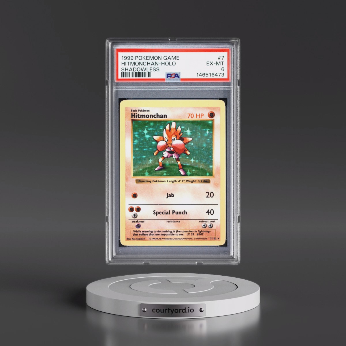 1999 Pokémon Game #7 Hitmonchan - Holo Shadowless (PSA 6 EX-MT)