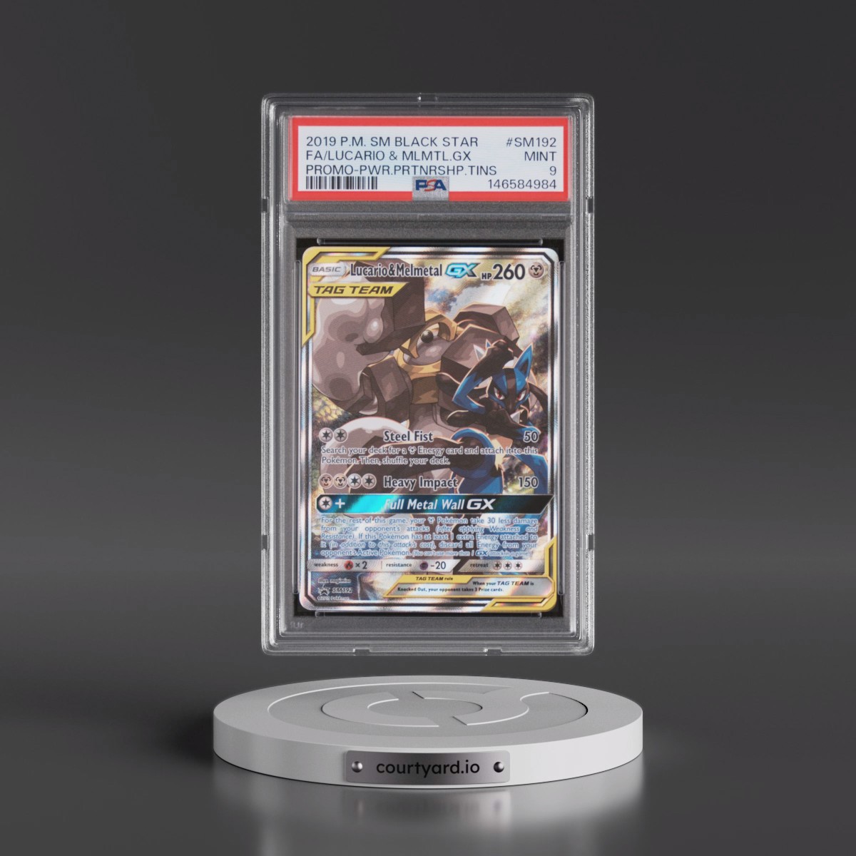2019 Pokémon SM Black Star Promo #SM192 Lucario & Melmetal GX - Holo Full Art Power Partnership Tins (PSA 9 MINT)