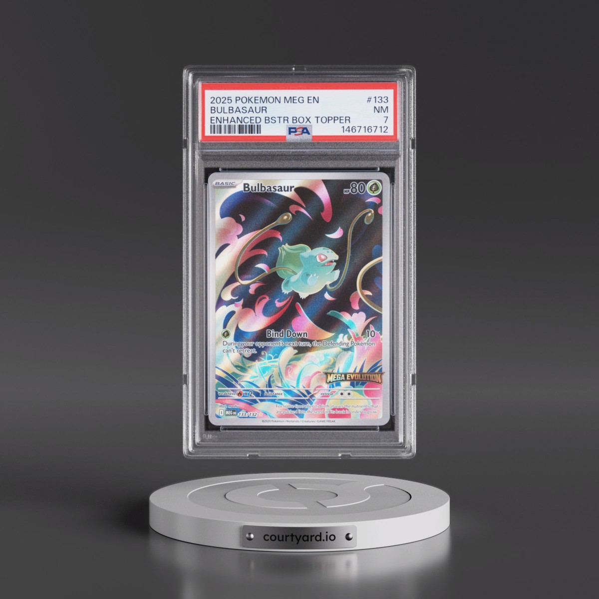 2025 Pokémon Meg EN-Mega Evolution #133 Bulbasaur - Enhanced Booster Box Topper (PSA 7 NM)